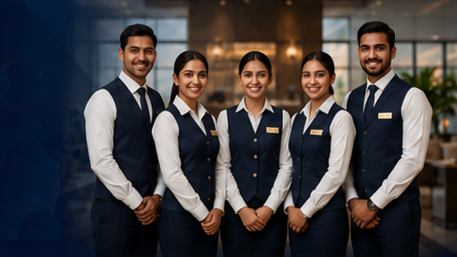 Professional hospitality staff team in navy uniforms